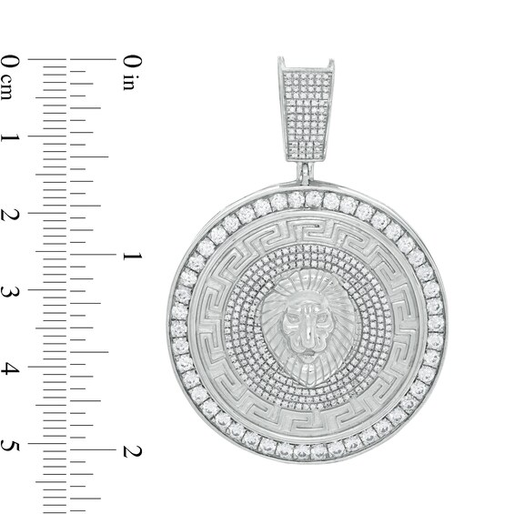 Cubic Zirconia Lion Head and Greek Key Medallion Necklace Charm in Solid Sterling Silver