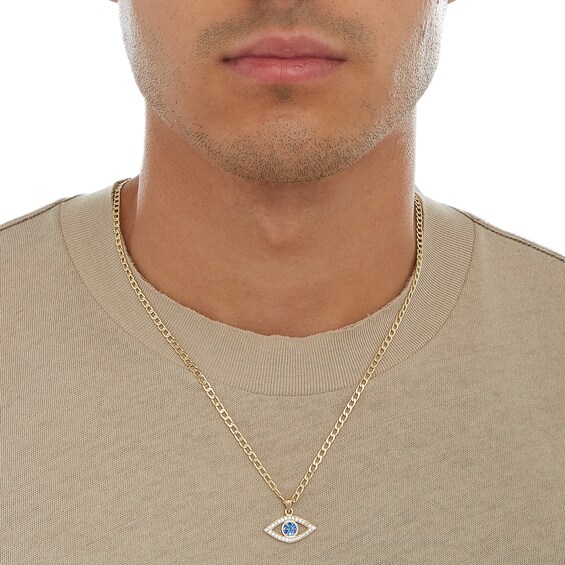 Blue and White Cubic Zirconia Evil Eye Necklace Charm in 10K Solid Gold