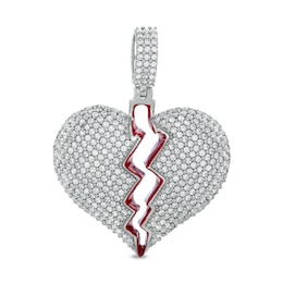 Cubic Zirconia and Red Enamel Broken Heart Necklace Charm in Solid  Silver
