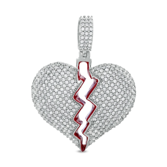 Cubic Zirconia And Red Enamel Broken Heart Necklace Charm In Sterling Silver Banter - White Gold Broken Heart Pendant