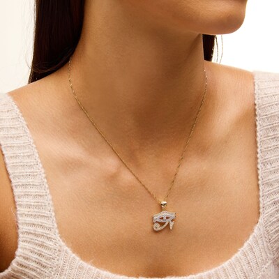 Cubic Zirconia Eye of Horus Necklace Charm in 10K Solid Two-Tone Gold