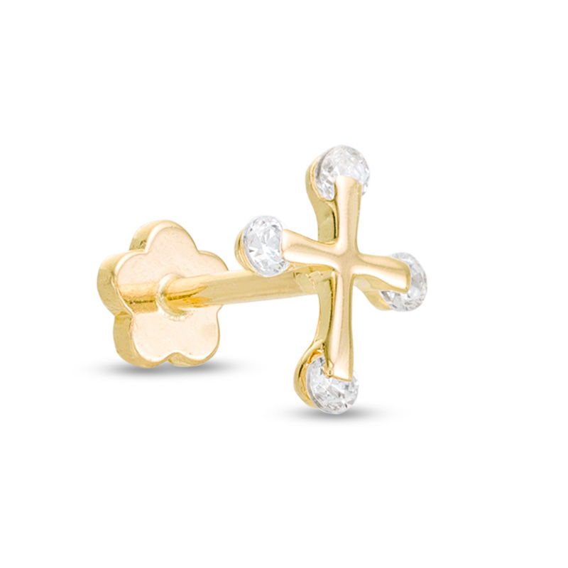 019 Gauge Cubic Zirconia Ends Cross Cartilage Barbell in 14K Gold