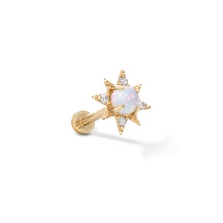 14K Gold Tube Simulated Opal and CZ Starburst Stud - 18G 5/16"