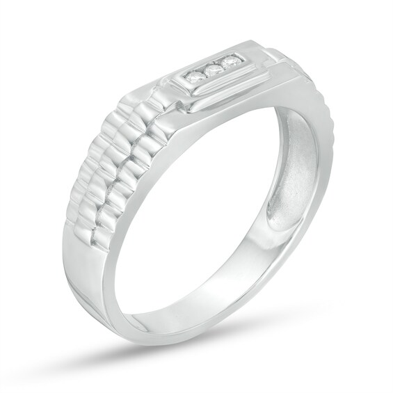 Cubic Zirconia Stepped Frame Triple Row Ribbed Shank Ring in Sterling Silver - Size 10