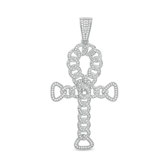 Cubic Zirconia Curb Chain Ankh Cross Necklace Charm in Sterling Silver