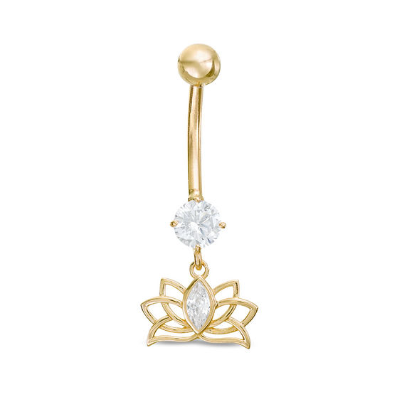 014 Gauge Marquise and Round Cubic Zirconia Lotus Flower Dangle Belly Button Ring in 10K Gold