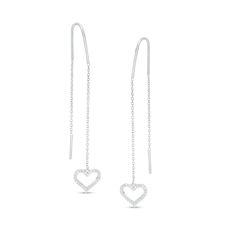 Main Image 1 of 1/8 CT. T.W. Diamond Heart Outline Dangle Threader Earrings in Sterling Silver