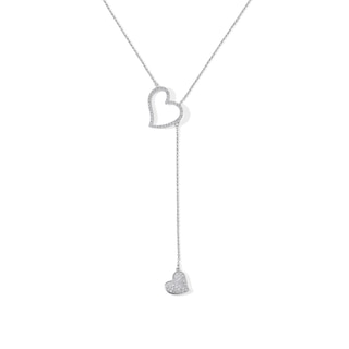 Sterling Silver 1/4 CT. T.W. Diamond Tilted Double Heart "Y" Necklace in Sterling Silver