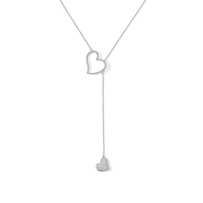 Sterling Silver 1/4 CT. T.W. Diamond Tilted Double Heart "Y" Necklace in Sterling Silver