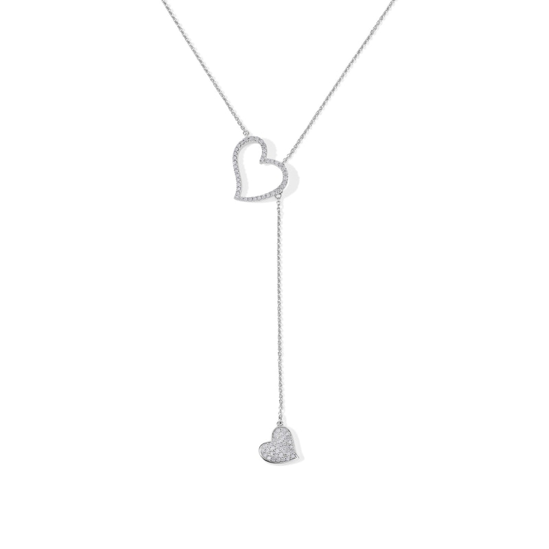 Sterling Silver 1/4 CT. T.W. Diamond Tilted Double Heart "Y" Necklace in Sterling Silver