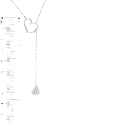 Sterling Silver 1/4 CT. T.W. Diamond Tilted Double Heart "Y" Necklace in Sterling Silver