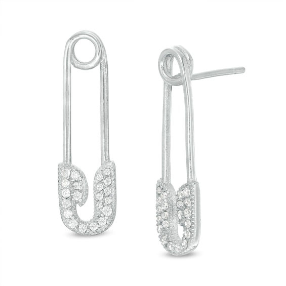 Cubic Zirconia Safety Pin Drop Earrings in Sterling Silver