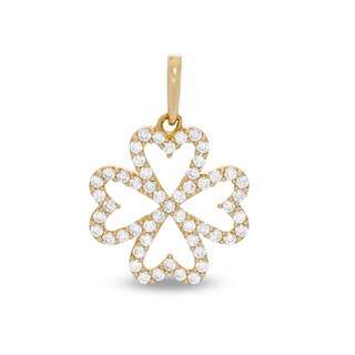 10K Solid Gold CZ Heart-Shaped Four Leaf Clover Necklace Charm