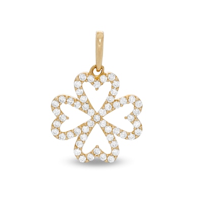10K Solid Gold CZ Heart-Shaped Four Leaf Clover Necklace Charm