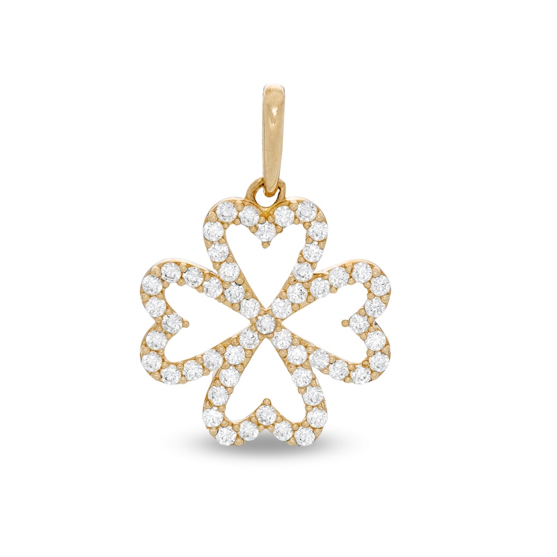 10K Solid Gold CZ Heart-Shaped Four Leaf Clover Necklace Charm