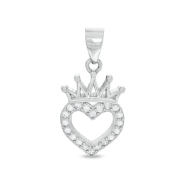 Cubic Zirconia Heart Outline with Crown Necklace Charm in Solid Sterling Silver