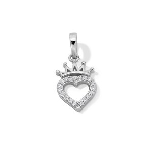 Sterling Silver Solid CZ Heart Outline with Crown Necklace Charm