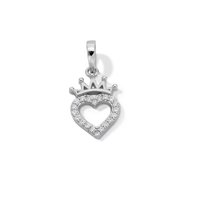 Sterling Silver Solid CZ Heart Outline with Crown Necklace Charm