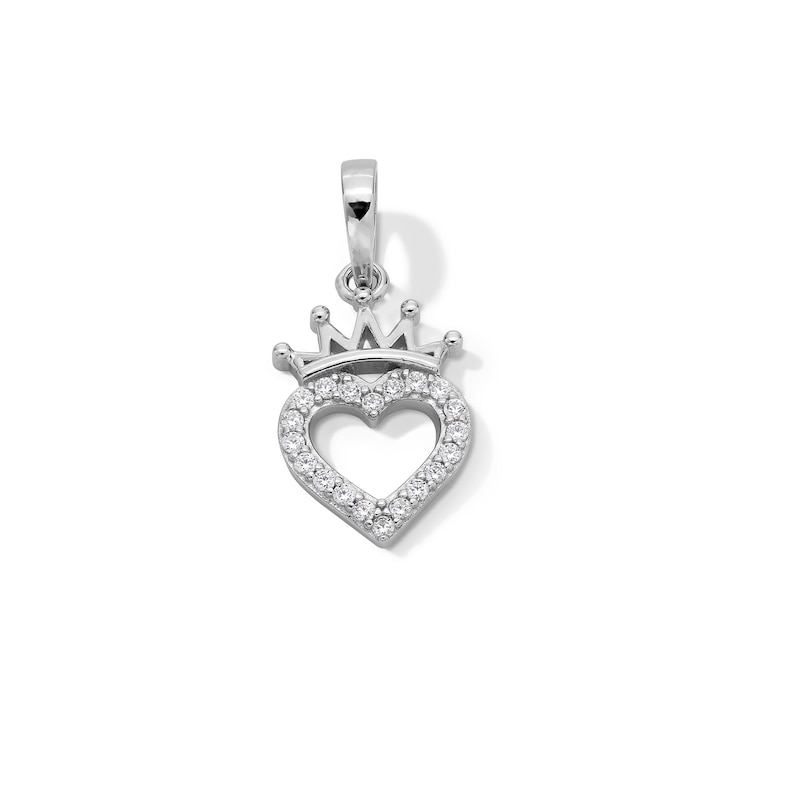 Cubic Zirconia Heart Outline with Crown Necklace Charm in Solid Sterling Silver