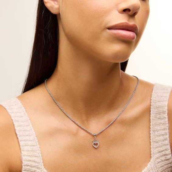 Sterling Silver Solid CZ Heart Outline with Crown Necklace Charm