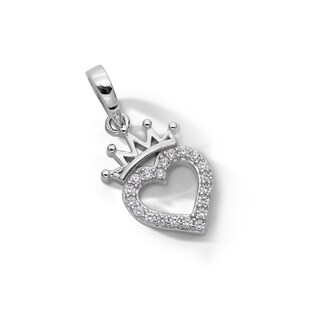 Sterling Silver Solid CZ Heart Outline with Crown Necklace Charm