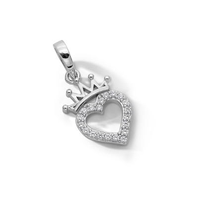 Sterling Silver Solid CZ Heart Outline with Crown Necklace Charm