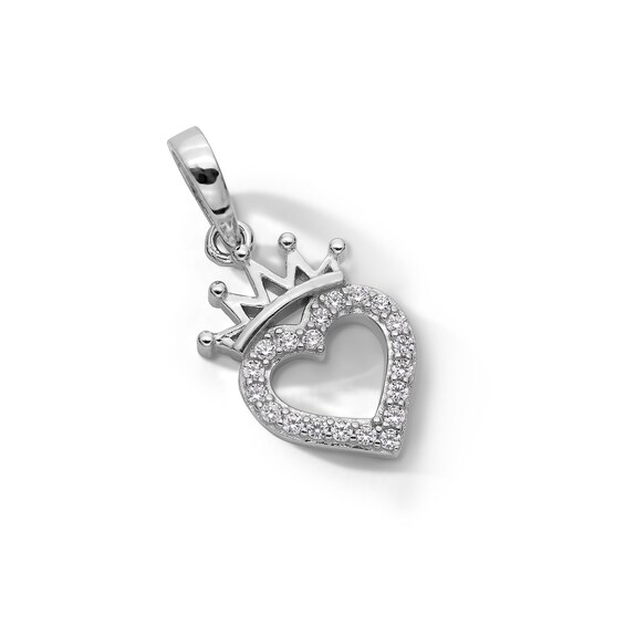 Sterling Silver Solid CZ Heart Outline with Crown Necklace Charm