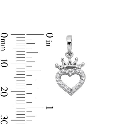 Sterling Silver Solid CZ Heart Outline with Crown Necklace Charm