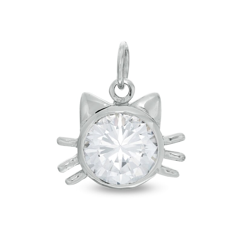 8mm Bezel-Set Cubic Zirconia Solitaire Cat Head Necklace Charm in Sterling Silver
