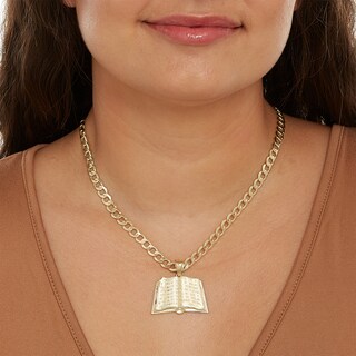 Textured Lord's Prayer in Open Bible Necklace Charm in 10K Solid Gold