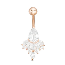 014 Gauge Multi-Shape Cubic Zirconia Floral Cluster Belly Button Ring in Solid Stainless Steel and Brass with Rose IP