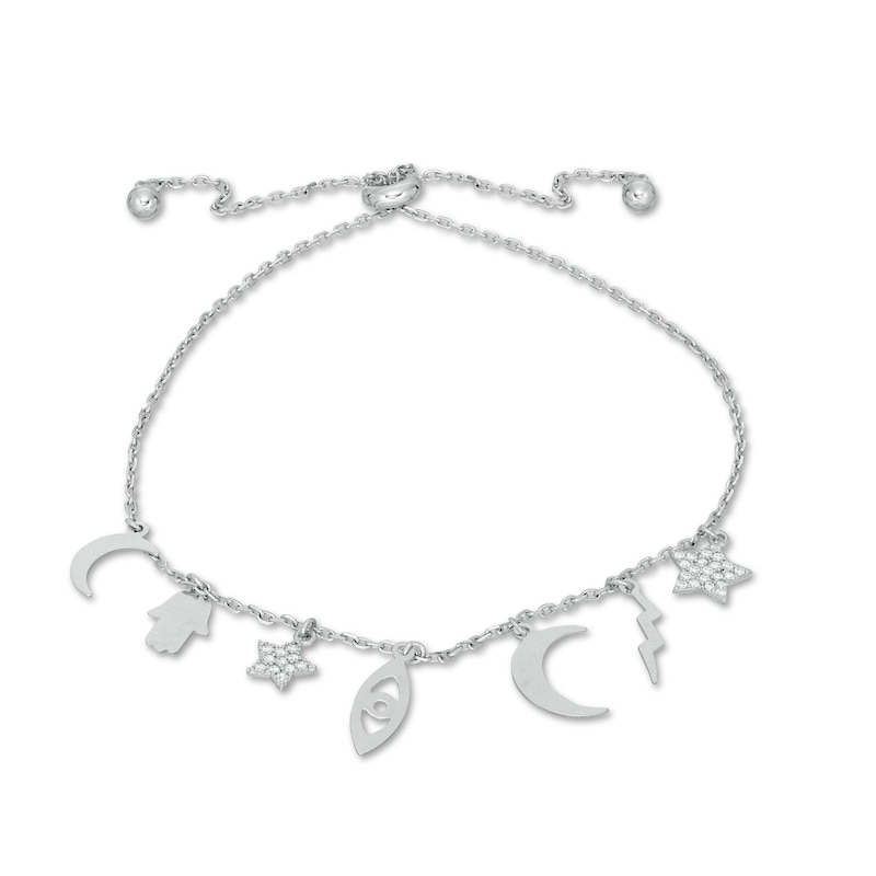Cubic Zirconia Celestial Charm Bolo Bracelet in Sterling Silver - 9"
