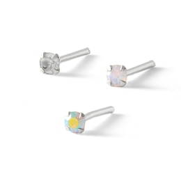 020 Gauge Iridescent and White Cubic Zirconia Three Piece Nose Stud Set in Semi-Solid Sterling Silver