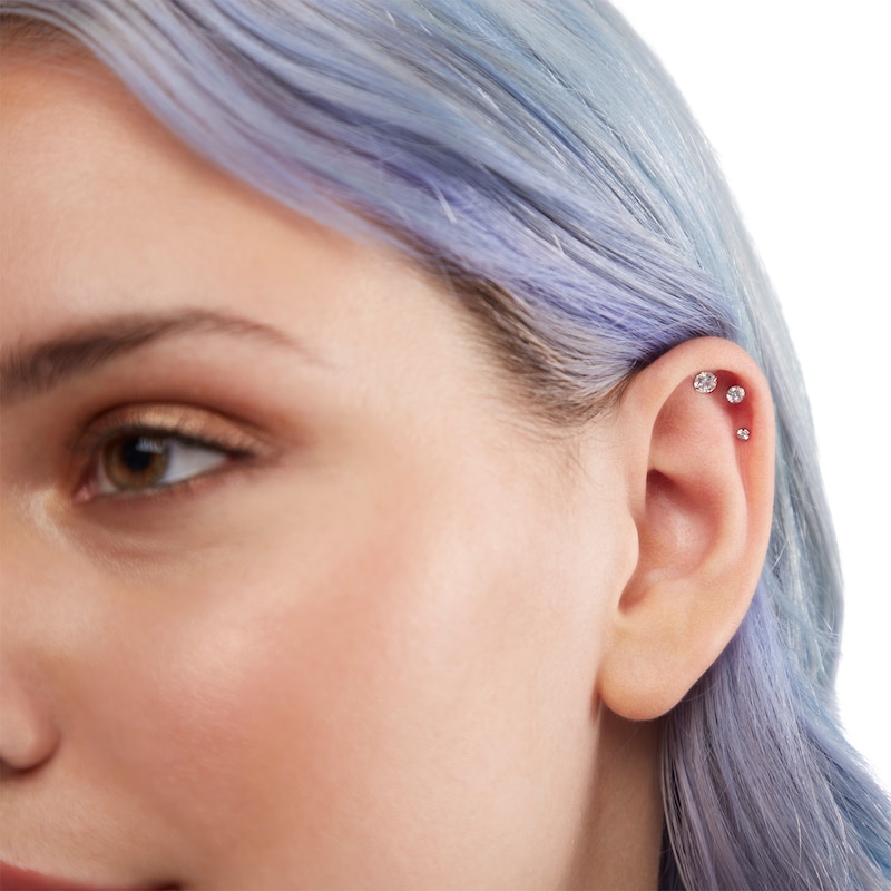 Main Image 3 of 018 Gauge Graduated Crystal Three Piece Cartilage Barbell Set in Solid Stainless Steel