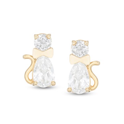 Child's Pear-Shaped and Round Cubic Zirconia Cat with Bow Tie Stud Earrings in 10K Gold
