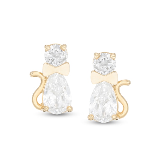 Child's Pear-Shaped and Round Cubic Zirconia Cat with Bow Tie Stud Earrings in 10K Gold