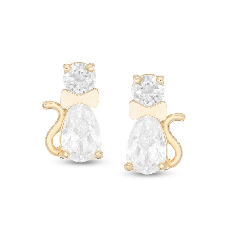 Child's Pear-Shaped and Round Cubic Zirconia Cat with Bow Tie Stud Earrings in 10K Gold
