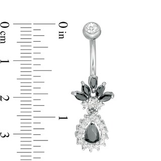014 Gauge Black and White Cubic Zirconia and Glass Floral Dangle Belly Button Ring in Stainless Steel and Brass