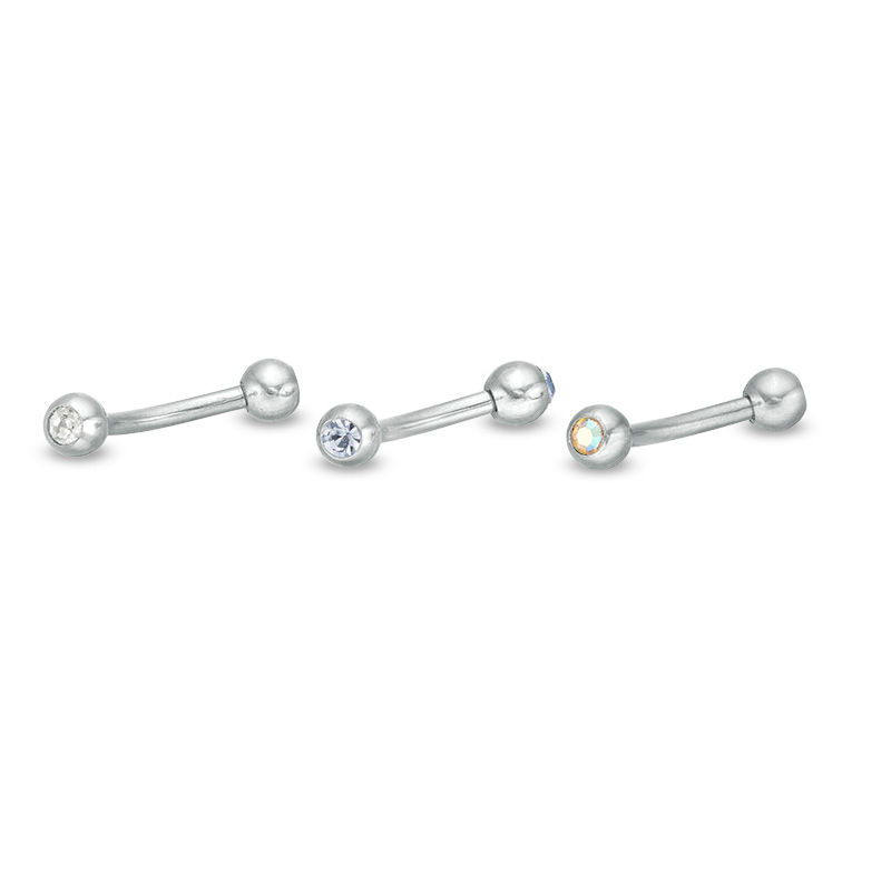 Main Image 1 of Solid and Tube Stainless Steel Crystal Three Piece Curved Barbell Set - 16G