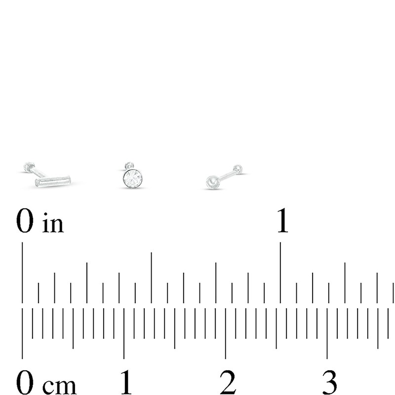 Main Image 5 of Semi-Solid Sterling Silver Crystal Bar, Stud, and Ball Nose Stud Set - 20G