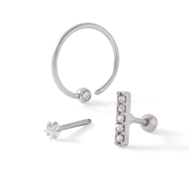 018 Gauge Cubic Zirconia Star, Bar and Bead Cartilage Barbell and Hoop Set in Stainless Steel Tube and Brass Solid