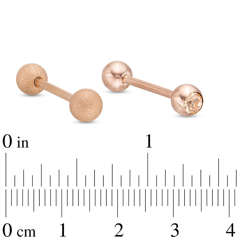 Main Image 2 of 014 Gauge 4mm Champagne Crystal and Textured Ball Barbell Set in Stainless Steel with Rose IP
