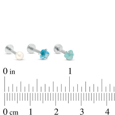 016 Gauge Simulated Pearl and Trillion-Cut Cubic Zirconia Three Piece Labret Set in Stainless Steel