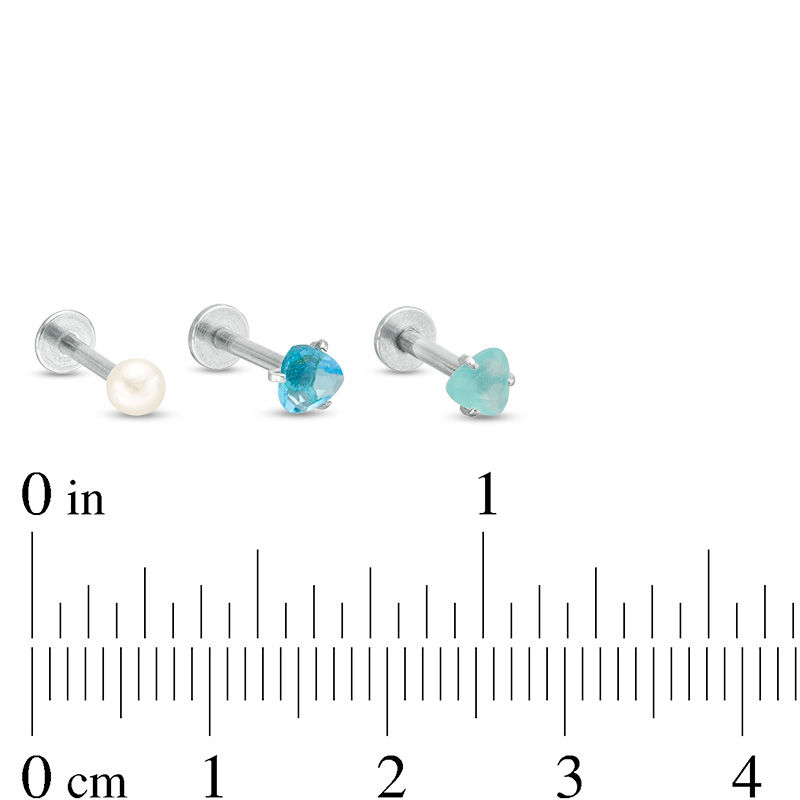 016 Gauge Simulated Pearl and Trillion-Cut Cubic Zirconia Three Piece Labret Set in Stainless Steel