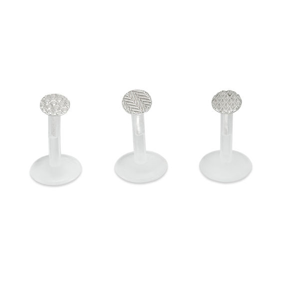 016 Gauge Multi-Textured Disc Three Piece Labret Set in Sterling Silver and Biopierce