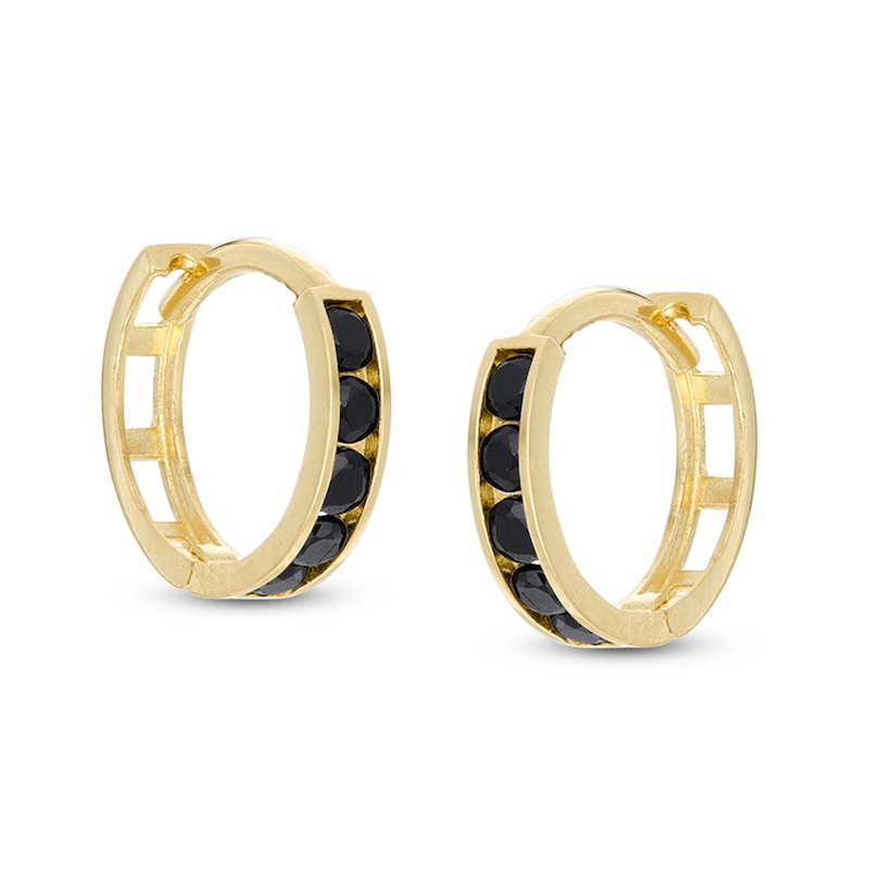 Black Cubic Zirconia Five Stone Huggie Hoop Earrings in 10K Gold