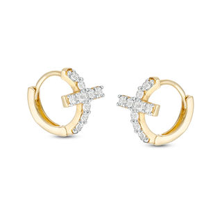 Cubic Zirconia Cross Huggie Hoop Earrings in 10K Gold