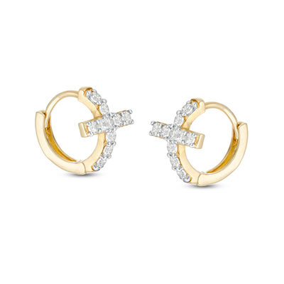 Cubic Zirconia Cross Huggie Hoop Earrings in 10K Gold