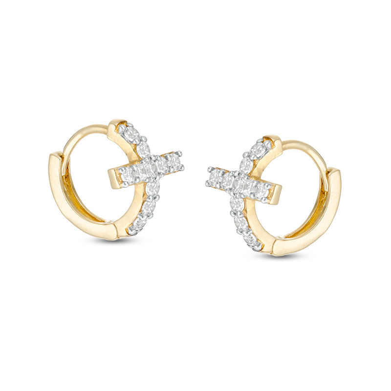 Cubic Zirconia Cross Huggie Hoop Earrings in 10K Gold