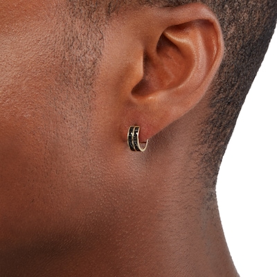 Square Black Cubic Zirconia Double Row Huggie Hoop Earrings in 10K Gold